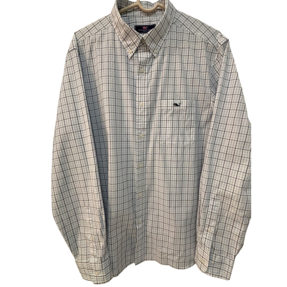 Vineyard Vines Mens Large Blue White Grid Check Button Down Whale Logo Shirt